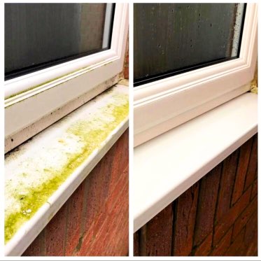 Window Cleaning Cardiff. Before and After. Green moss removed on Window Sill.