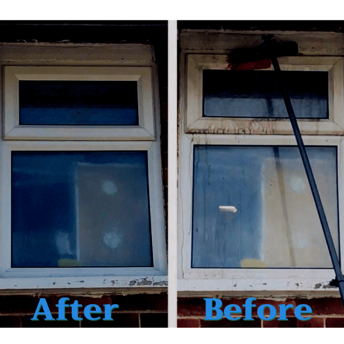 Window Cleaner Cardiff. Water fed brush cleaning window with pure water in the Cardiff area